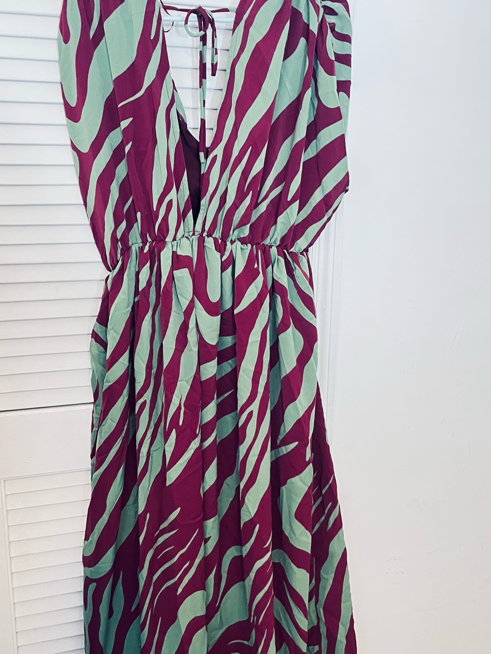 Mint and Burgundy Zebra-Print V-Neck Women’s Dress